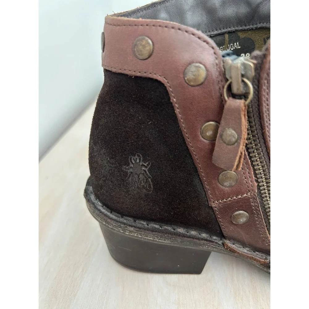 Fly London Brown Suede Studded Ankle Boots Leather Trim Portugal 38 Women's 7.5